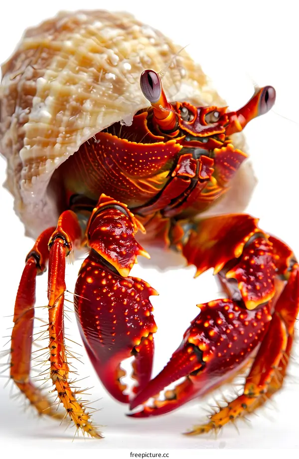 A red hermit crab with a white background