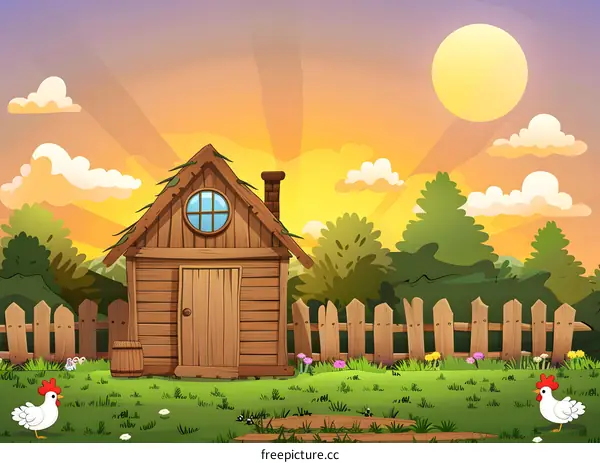 Cartoon Wooden Cabin in the Countryside