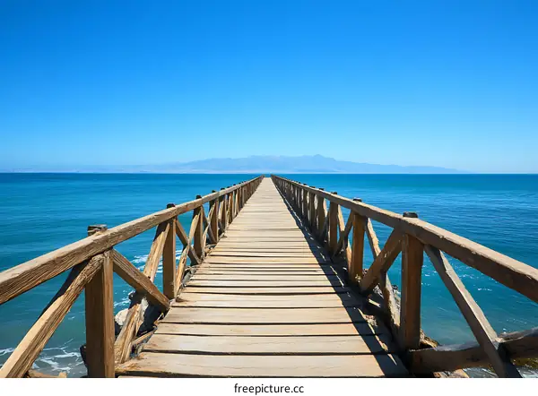 Wooden Pier Extending into Blue Ocean Water