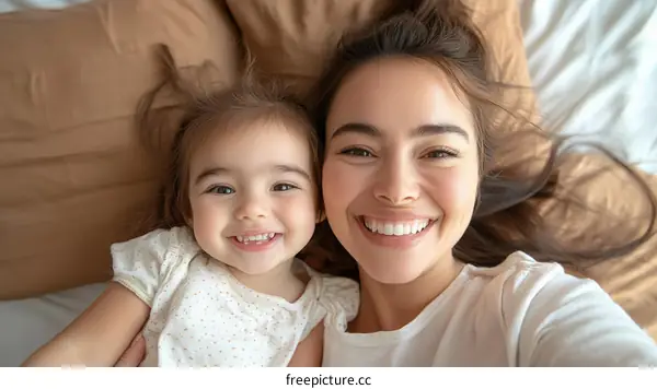 Happy Mother and Daughter Selfie in Bed
