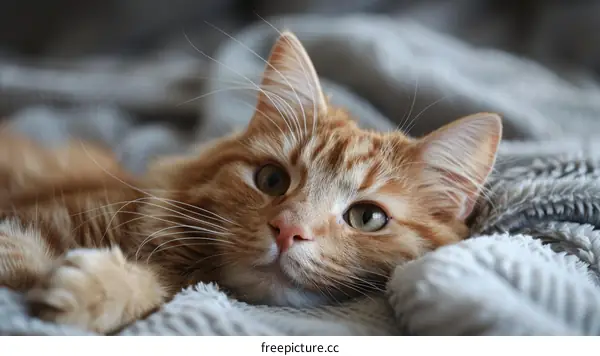 Ginger Cat Snuggled Up on a Cozy Blanket