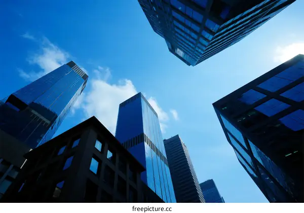 Looking up at modern glass skyscrapers under clear blue sky