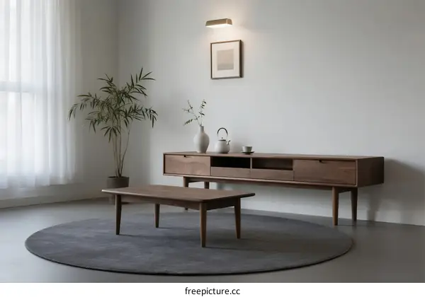 Minimalist living room with wooden furniture and indoor plant