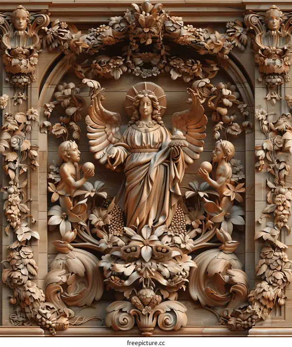 Ornate Wooden Carving of Angels and Floral Patterns