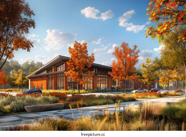 Modern Building with Fall Foliage and People Walking