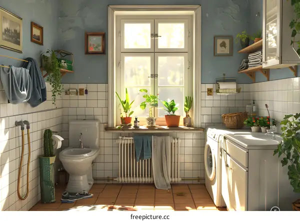 Vintage Bathroom with Plants and Laundry Room