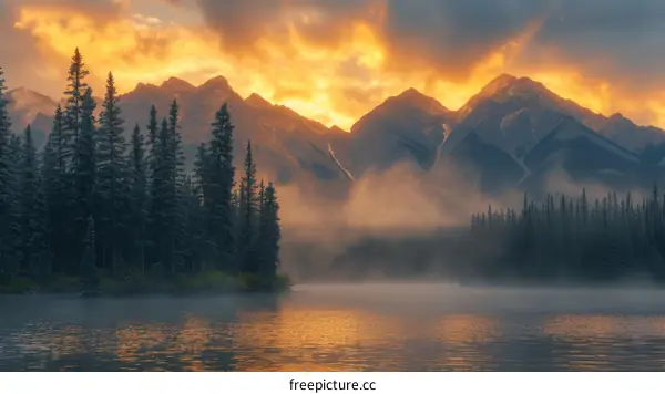 The sun sets over a mountain range, casting a golden glow on the water below