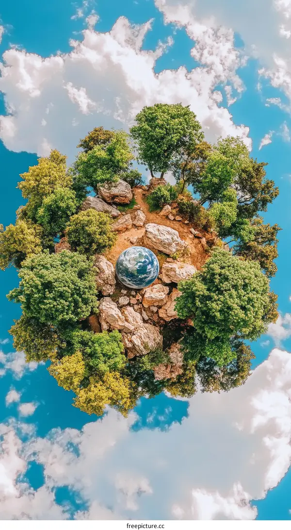 Miniature Earth Planet Surrounded by Trees and Rocks