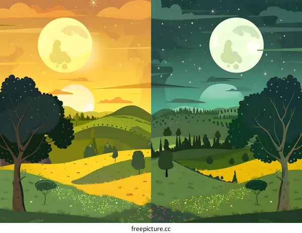 Day and Night Landscape with Full Moon