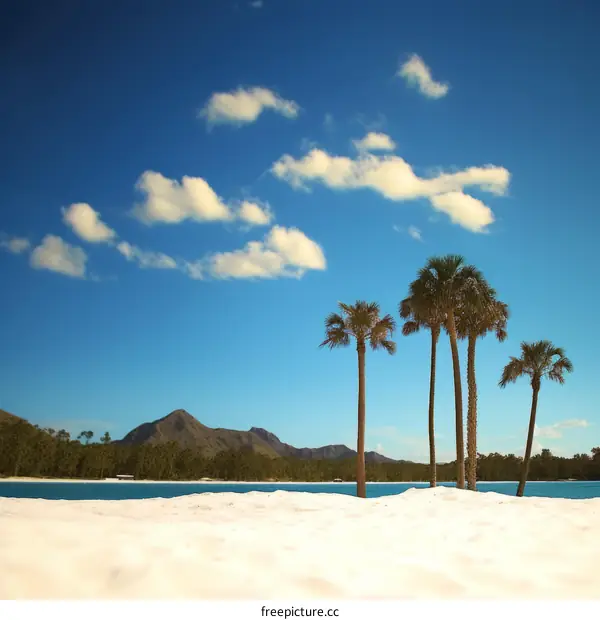 Palm trees on a beach with a mountain in the distance