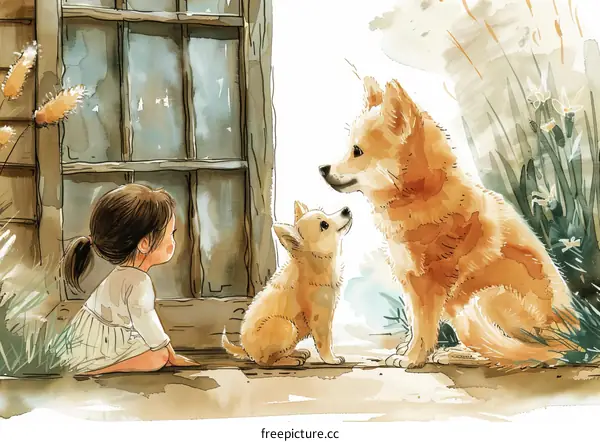 Little girl looking at two dogs outside the door