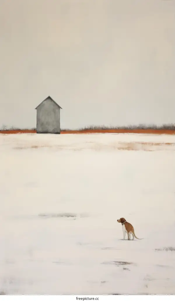 dog looking at a barn in the middle of a snowy field