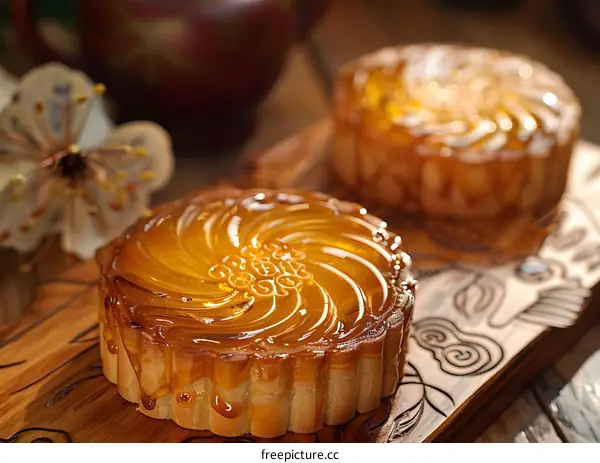 Close Up Of Delicious Mooncakes On Wooden Board