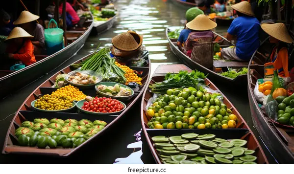 Floating market in Thailand with boats full of fresh fruits and vegetables