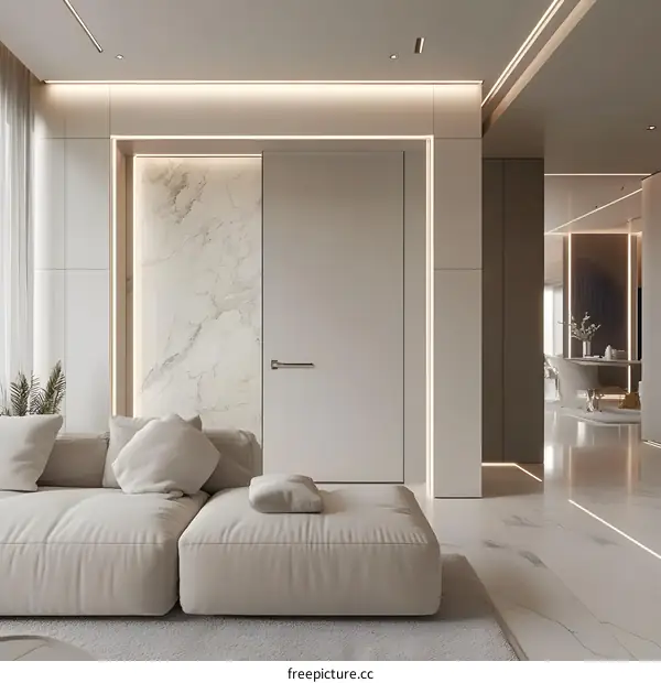 Minimalist Modern Living Room Interior Design with White Sofa and Marble Wall