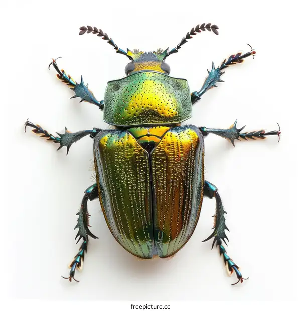 A green and gold scarab beetle on a white background