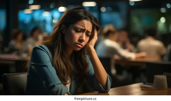 A young woman sits alone at a bar looking sad and thoughtful