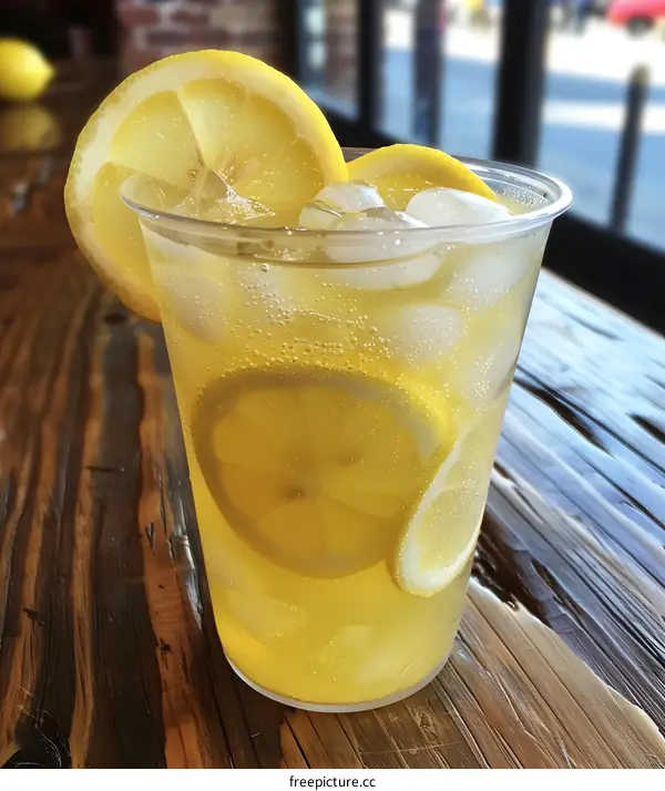 Refreshing Lemon Iced Tea with Ice Cubes in a Clear Plastic Cup