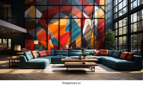 Modern Living Room Interior with Large Colorful Geometric Artwork