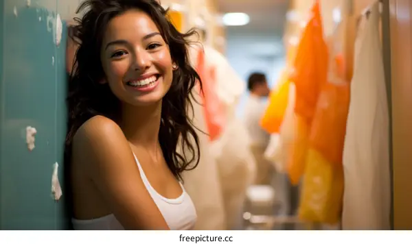 A smiling woman standing in a room with colorful clothes hanging in the background