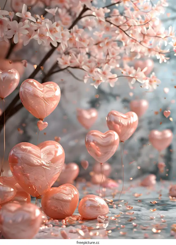 Pink balloons under the cherry blossom tree