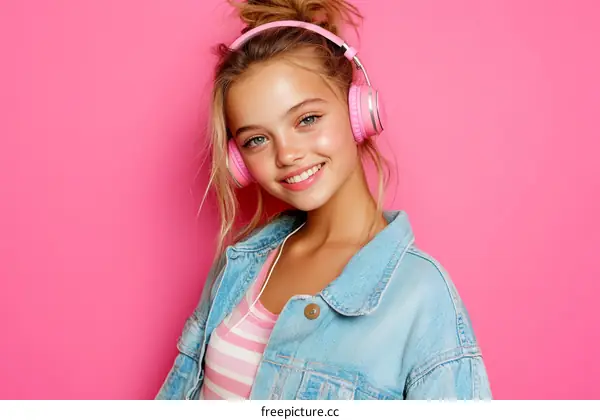 Teenage Girl in Denim Jacket with Pink Headphones