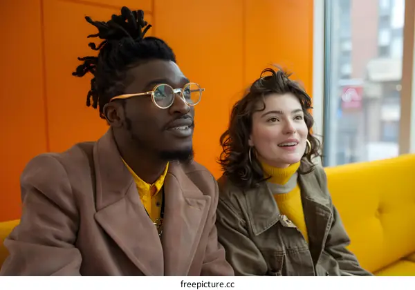 Two Friends Talking and Looking Up On Yellow Sofa