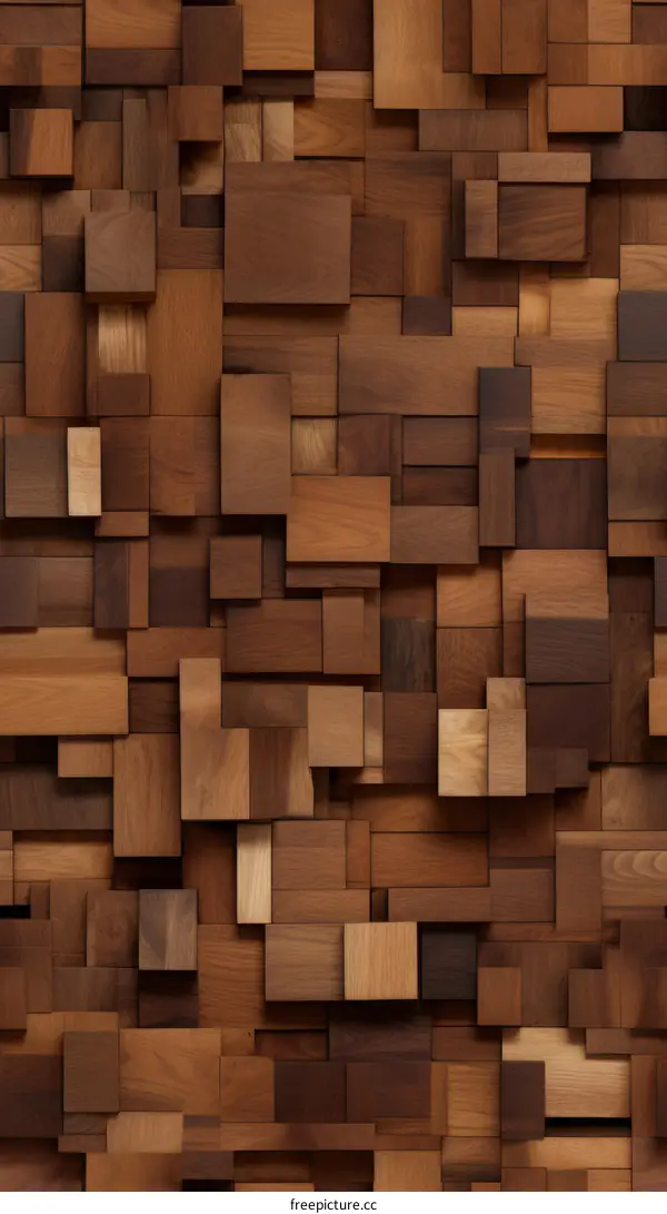 Brown wooden blocks of various sizes arranged in a staggered pattern