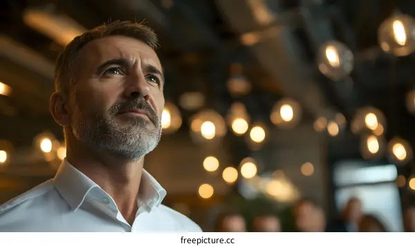 Caucasian Man Looking Up, Thinking In A Meeting Room