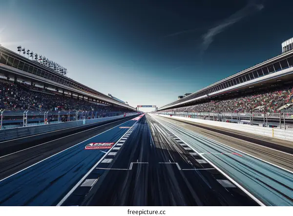An empty racetrack with grandstands on both sides