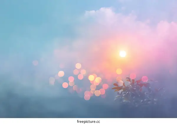 Soft Sunset Sky with Bokeh Lights and Plants