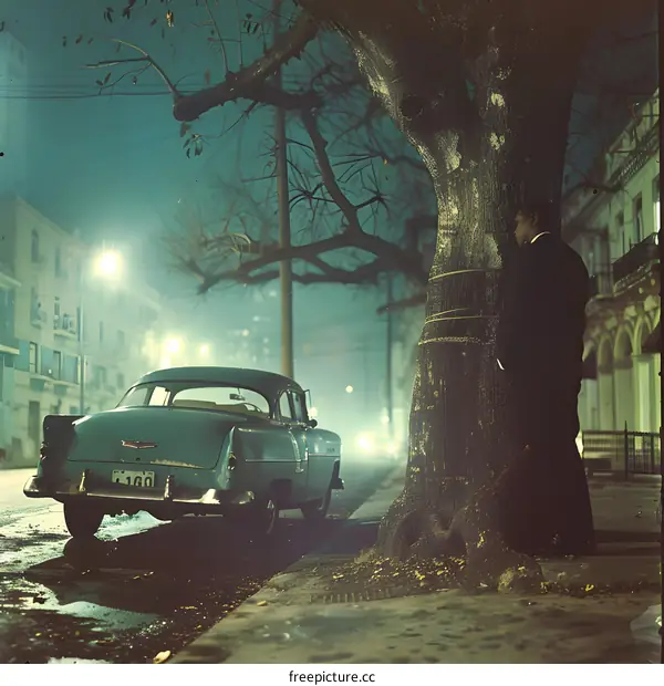 Man Leaning Against Tree with Car Parked on Street