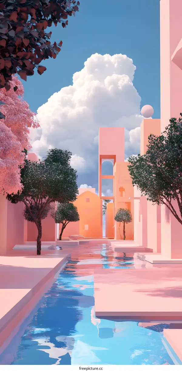 Pink Minimalist Cityscape with Pool and Trees
