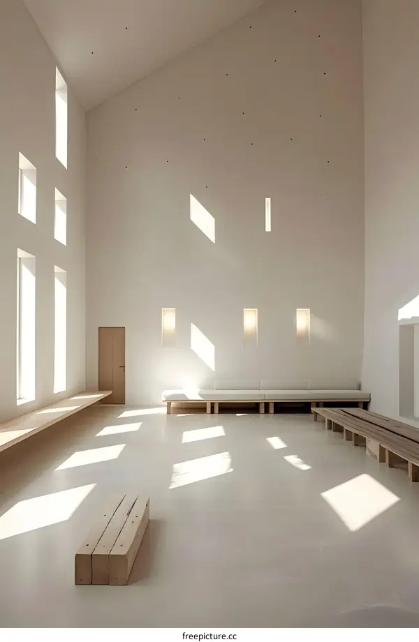 Modern Minimalist White Room Interior With Wooden Benches And Sunlight