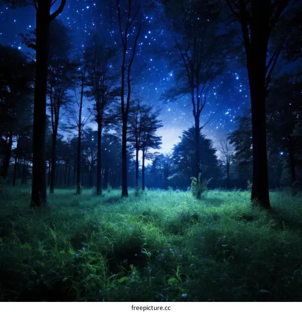 Night in the woods with a starry sky