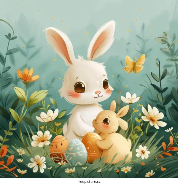Two Rabbits frolicking in a Field of Flowers