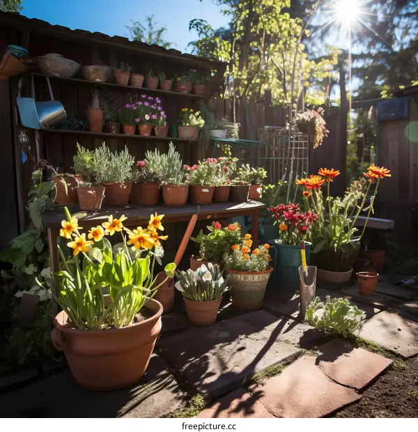 A sunny garden shed full of flowers