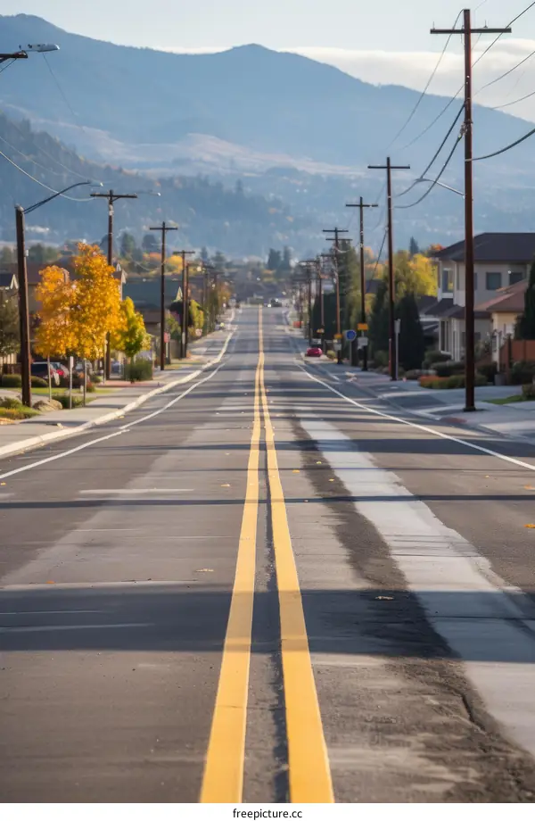 Long and empty asphalt road with yellow lines down the middle