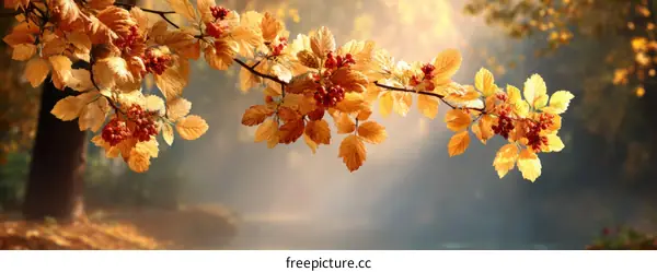 Autumnal Branches with Golden Leaves and Berries