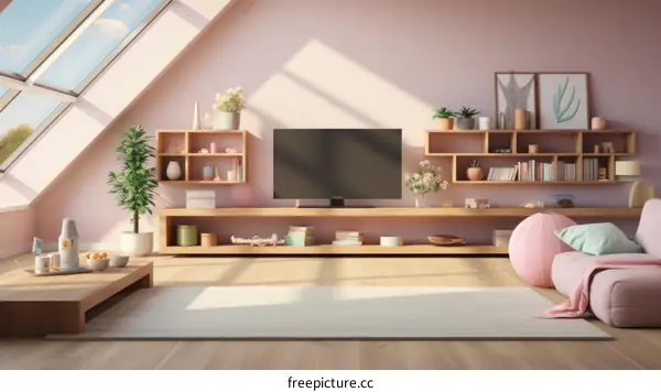 A cozy living room with a TV, sofa, and rug