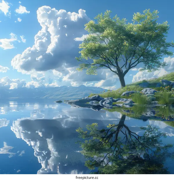 Serene Lake Reflection with Tree and Mountains