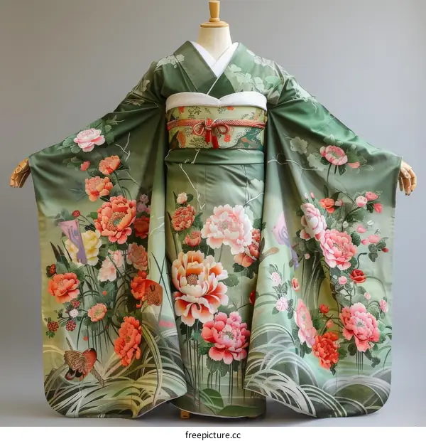 Elegant Japanese Woman in Traditional Kimono with Floral Embroidery