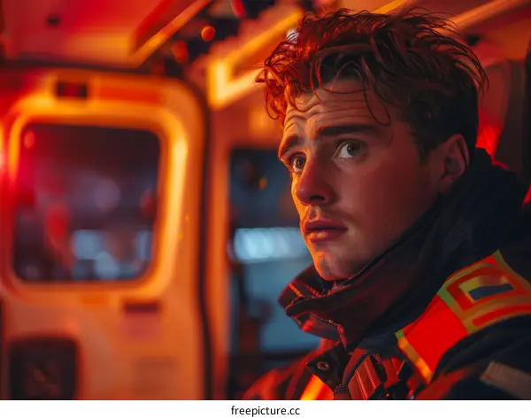 Portrait of a firefighter in protective gear looking into the distance with an ambulance in the background