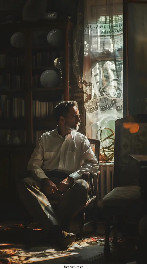 A man is sitting in a chair, looking out the window