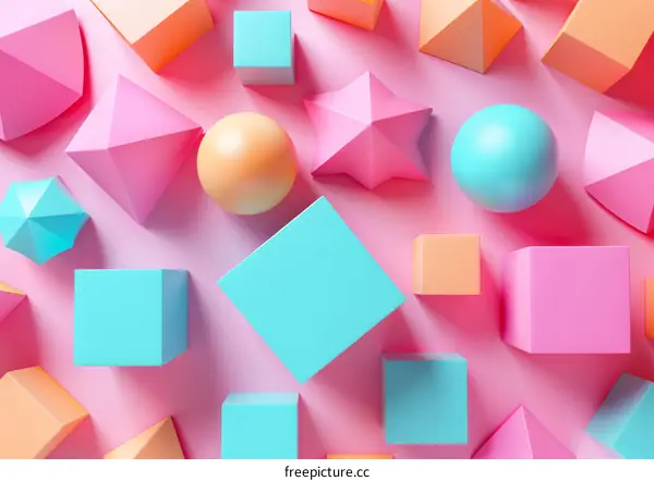 Colorful 3D shapes on a pink background