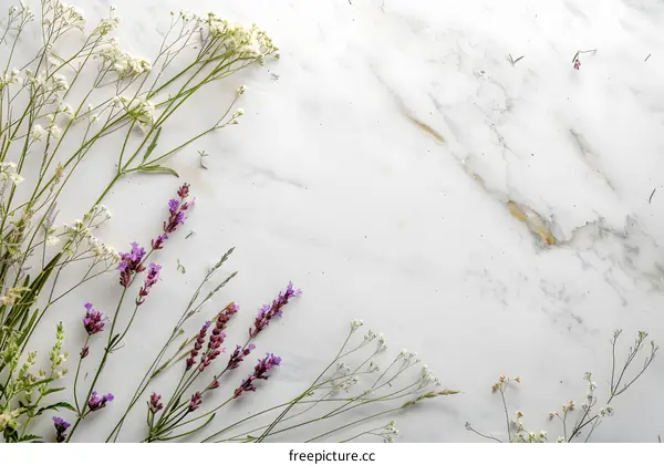 White Marble Background With Lavender and Flowers