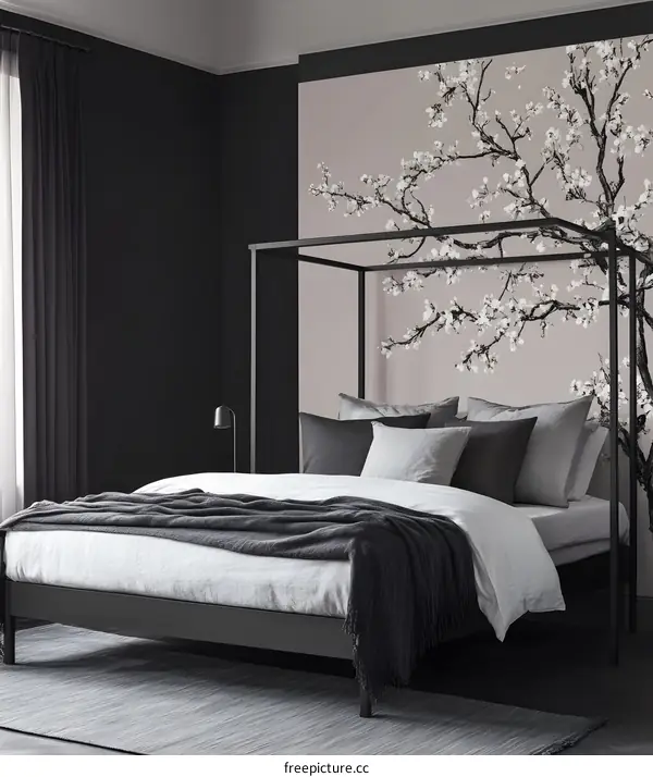 Modern Minimalist Bedroom Interior Design with Black Canopy Bed and Floral Wall Mural