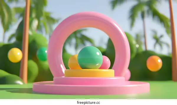 Abstract 3D Summer Scene with Geometric Shapes and Palm Trees