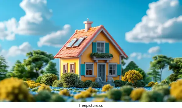 Small yellow house in a field of flowers