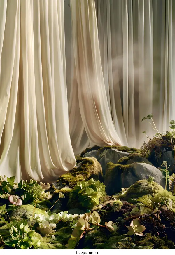 Curtains and Mossy Rocks in Sunlight